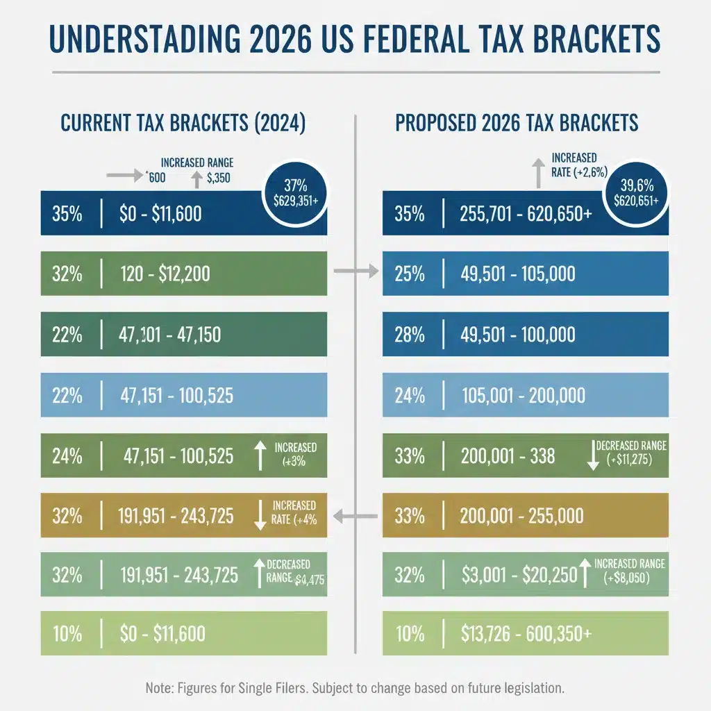 Infographic showing projected 2026 tax bracket adjustments and their impact.