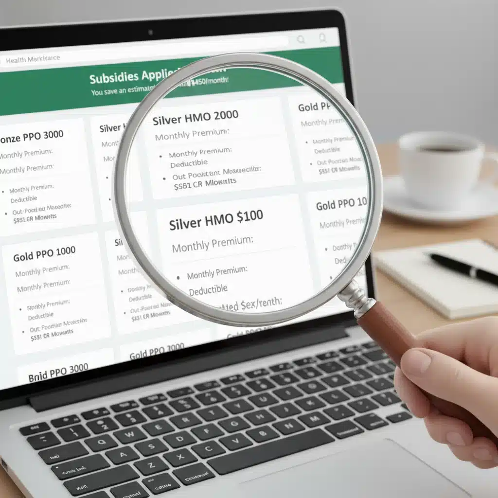 Magnifying glass examining health insurance plans on an ACA marketplace website with applied subsidies.