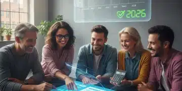 Group of people happily reviewing health insurance options with a tablet and calculator for 2026.