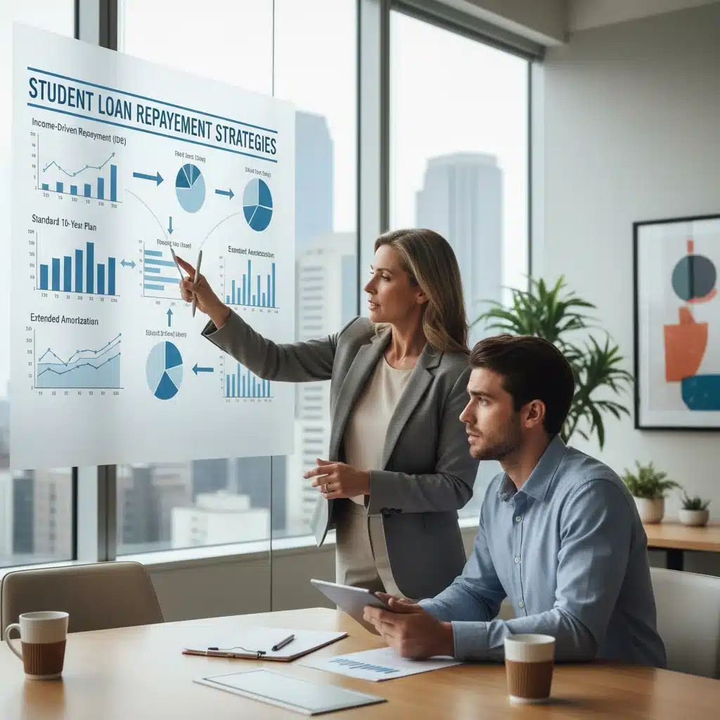 Financial advisor explaining loan repayment plans to a graduate