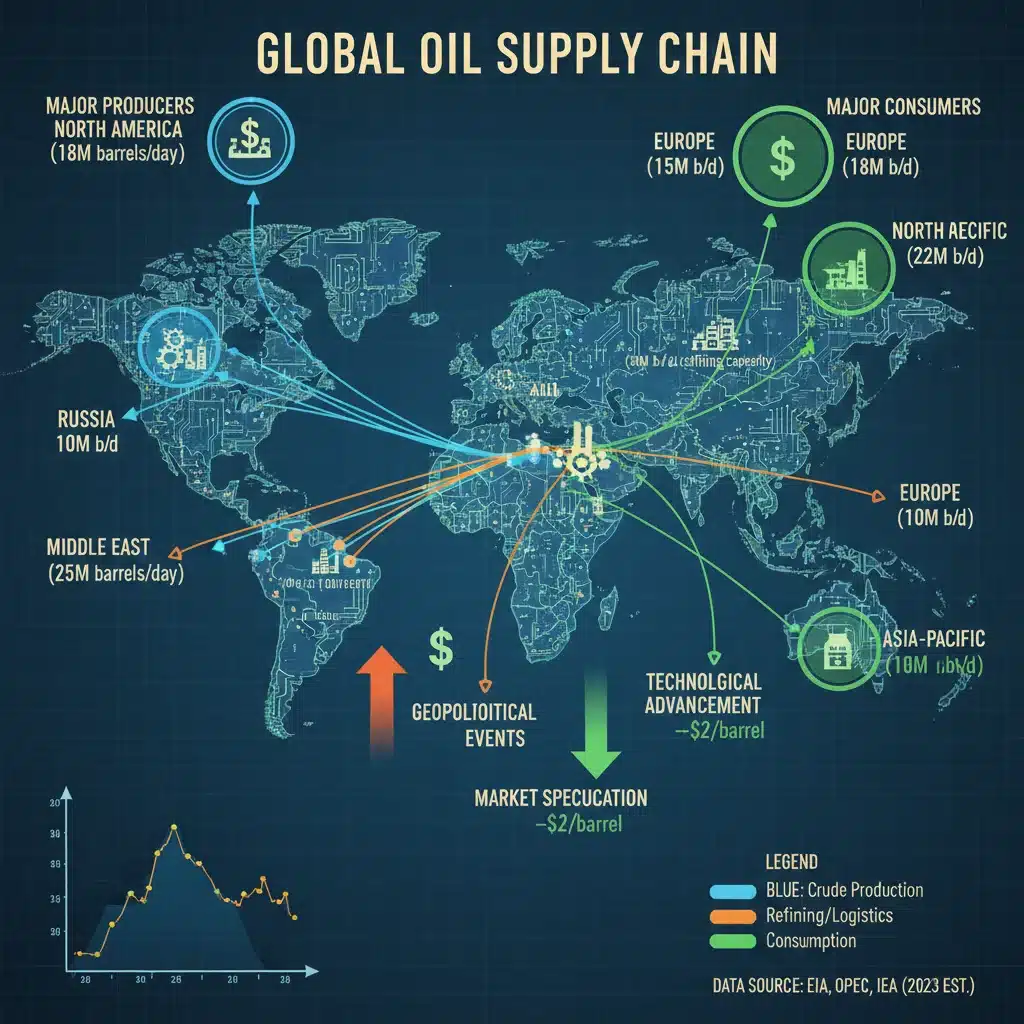 Global oil supply chain infographic illustrating production, refining, and consumption.