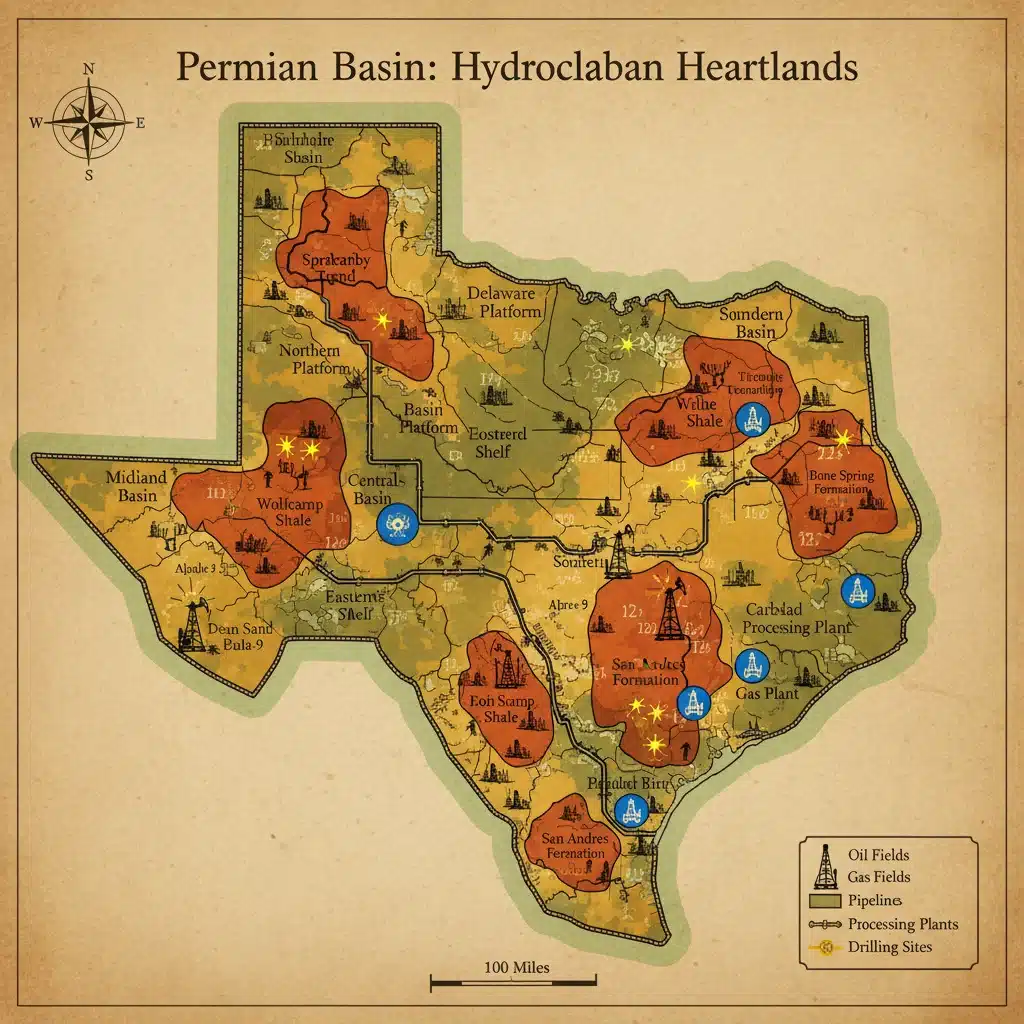 Map of Permian Basin oil and gas fields, showing significant drilling activity.