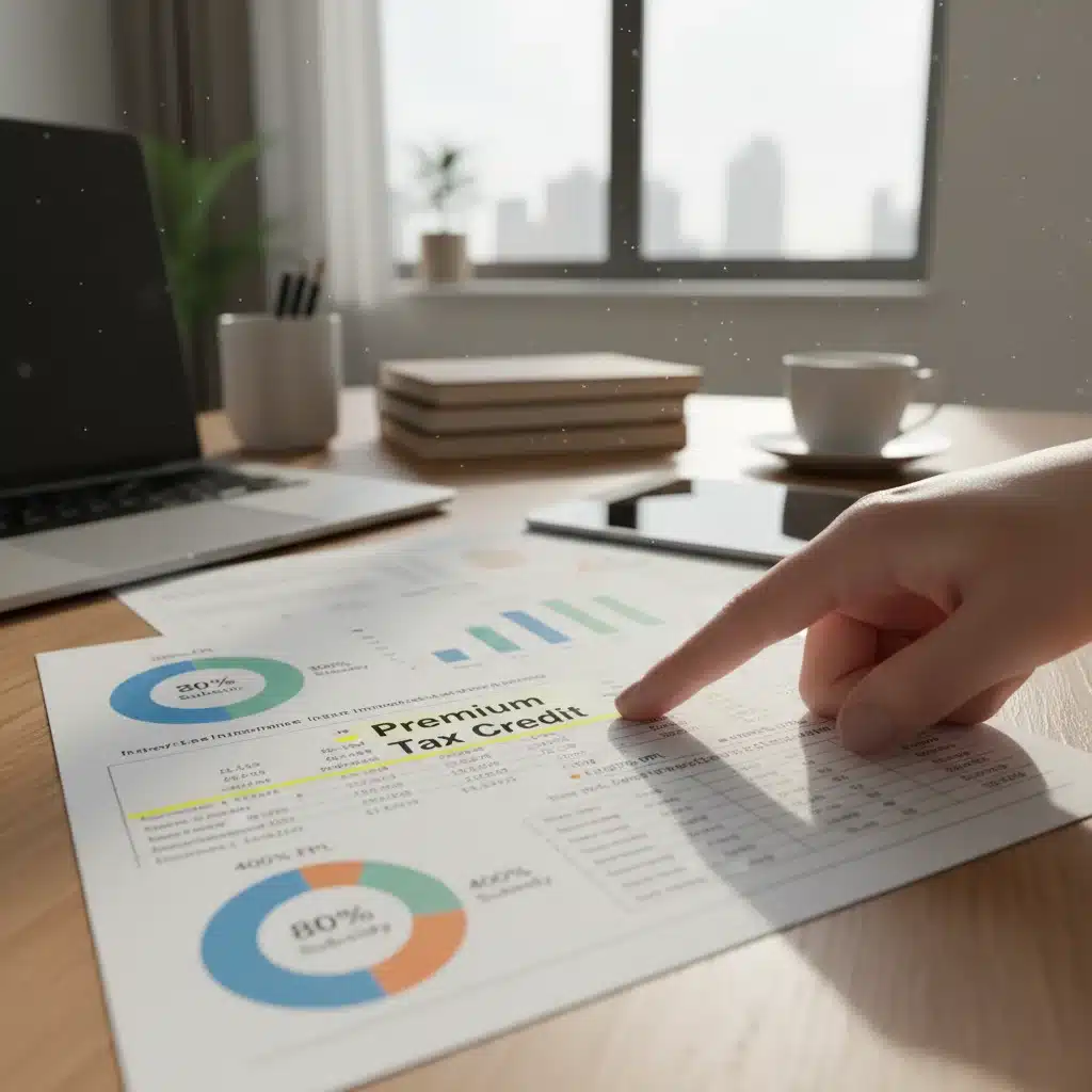 Hand highlighting premium tax credit section on a financial document, illustrating ACA subsidy calculations.