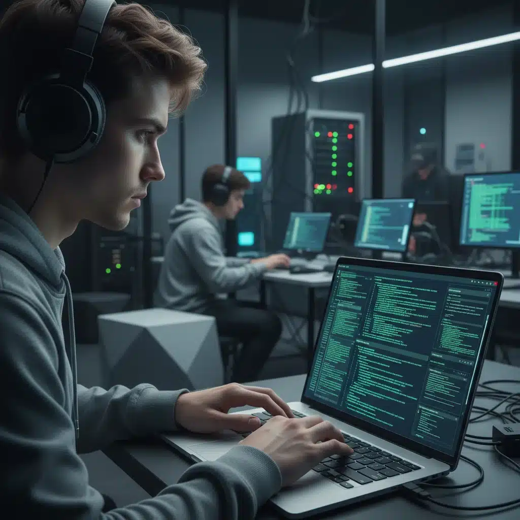 Student coding on laptop in a modern tech lab environment
