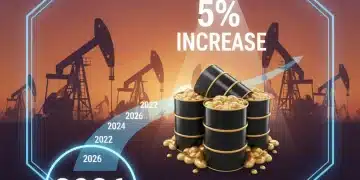 Illustration of US oil production increasing by 5 percent by 2026, showing growth in the energy sector.