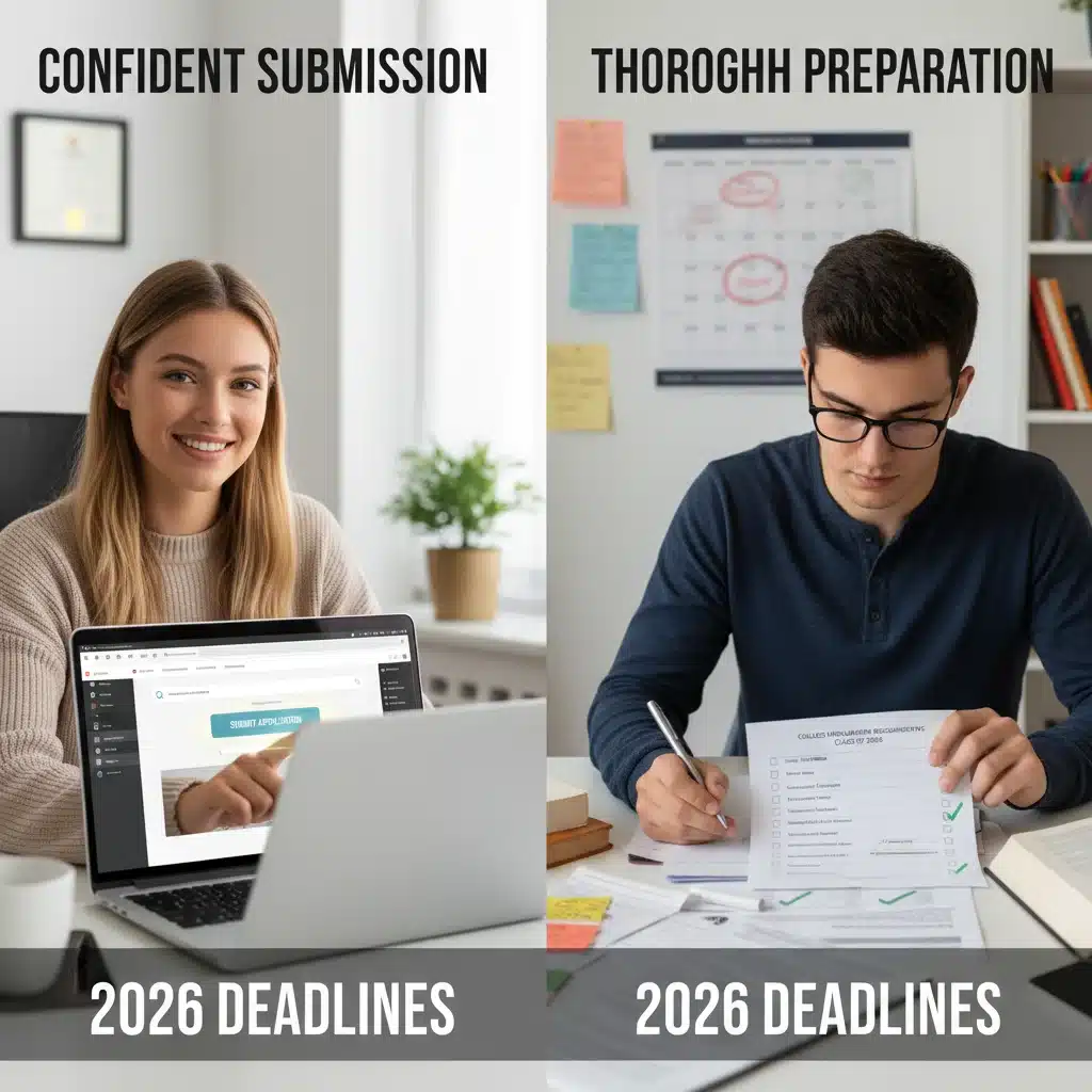 Student submitting application and reviewing checklist for 2026 college deadlines.