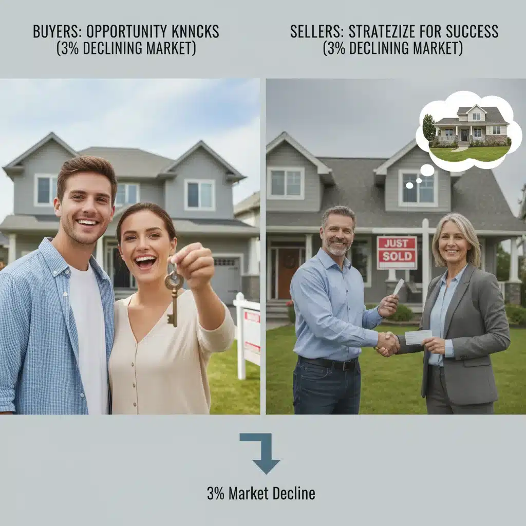 Split image of a happy homebuyer and a successful home seller, illustrating market strategies.