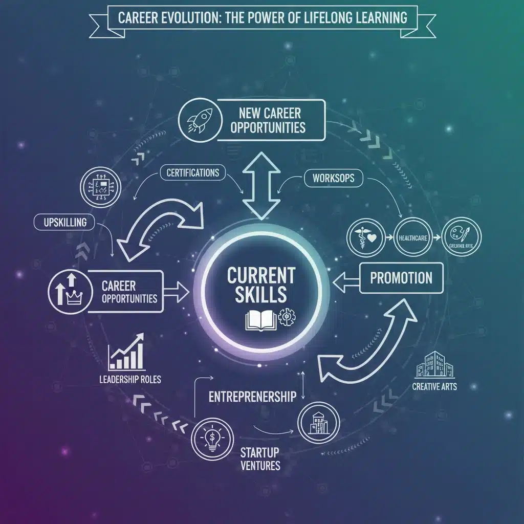 Infographic showing career progression through continuous skill development and learning.