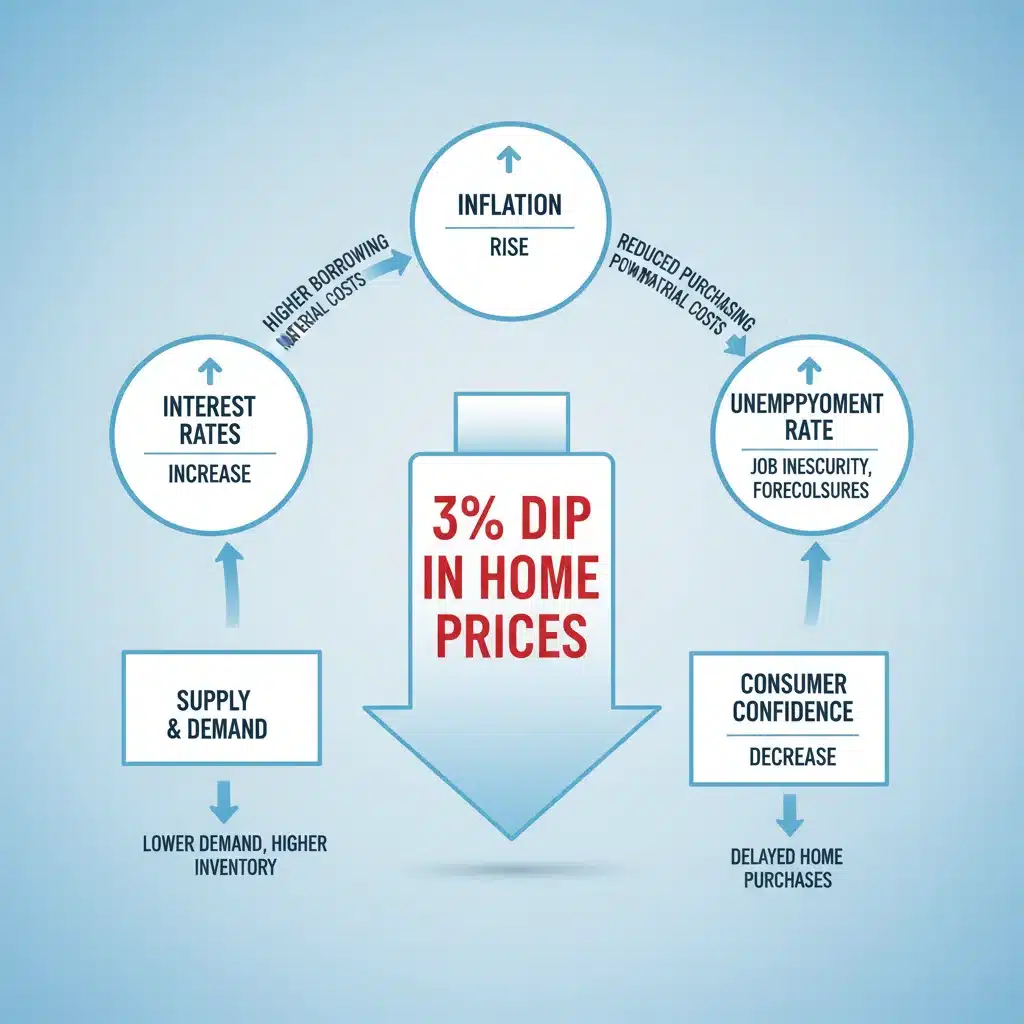 Infographic showing economic factors influencing housing market prices and a potential 3% dip.