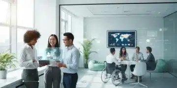 Diverse employees discussing future employer benefits in a modern office