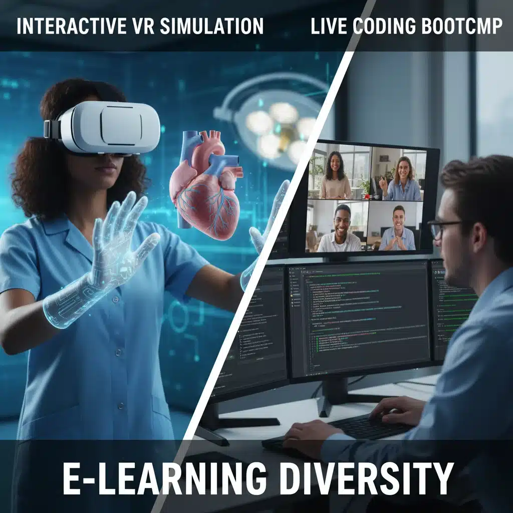 Interactive VR and live coding bootcamp showcasing diverse e-learning methods.