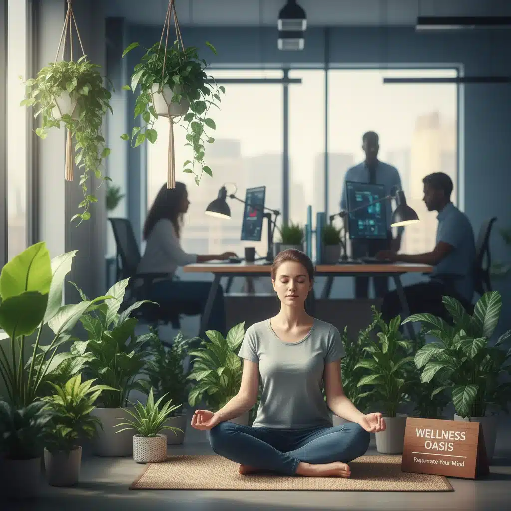 Employee practicing mindfulness for mental wellness in office