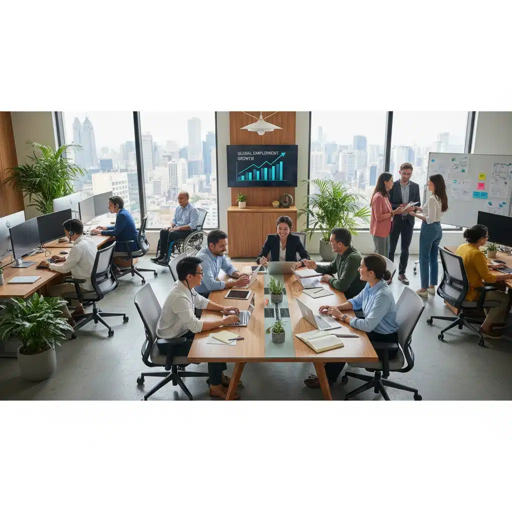 Diverse workforce collaborating in a vibrant office environment