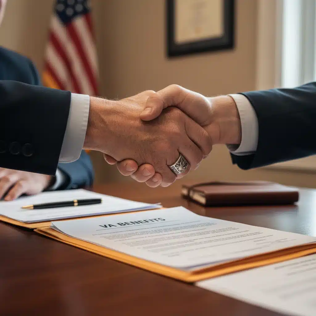 Veteran and VA representative shaking hands, symbolizing new benefit agreements and support.
