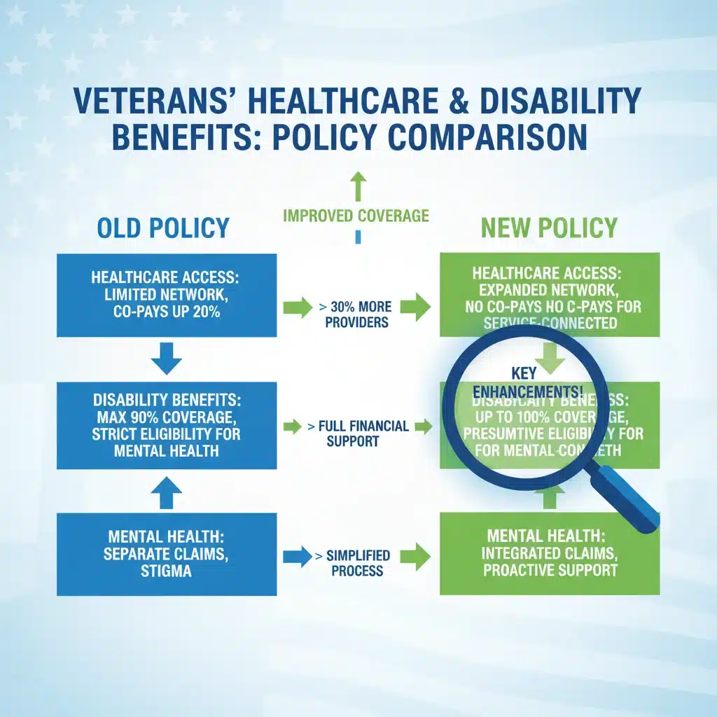 Infographic illustrating the comparison between old and new veterans' benefits policies.
