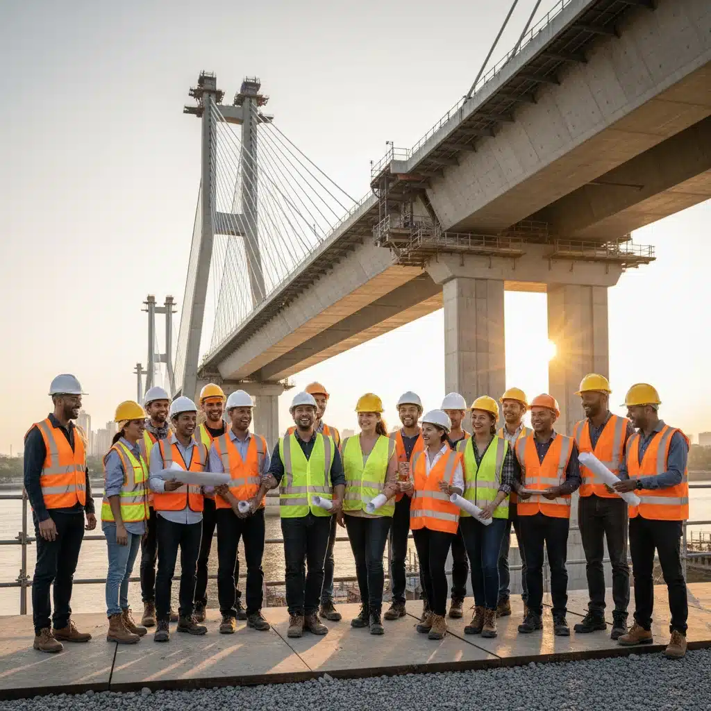 Diverse construction team in front of a modern bridge under construction, symbolizing job creation and progress.