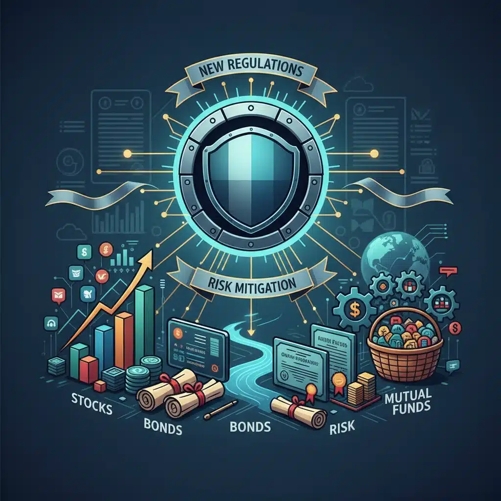 Diverse investment portfolio with a protective shield, symbolizing strategic asset allocation and risk mitigation.