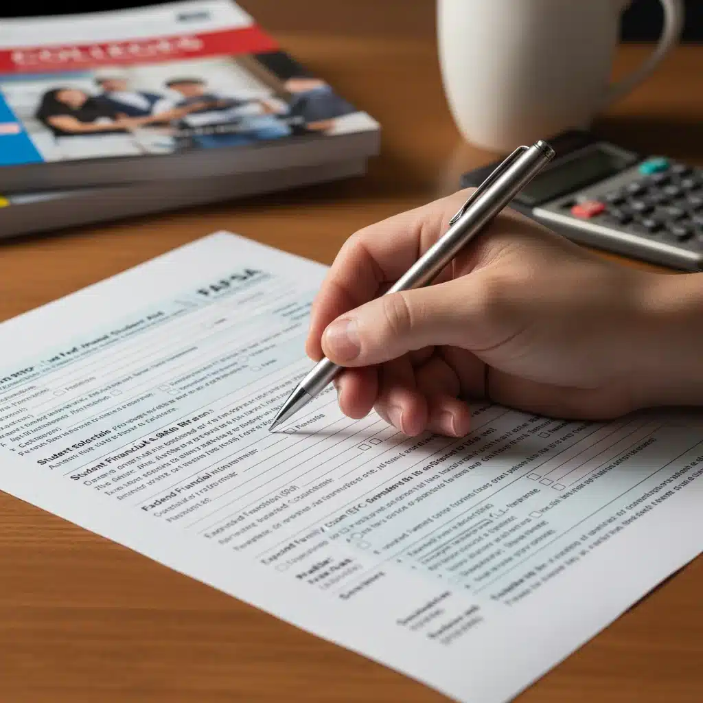Hand filling out a detailed FAFSA application form with a pen.