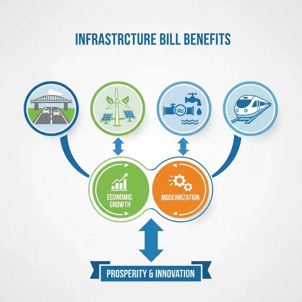Infographic showing infrastructure bill benefits: highways, renewable energy, water, high-speed rail.