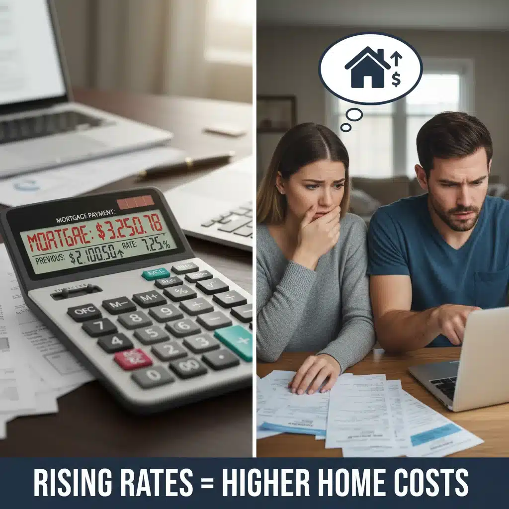 Calculator showing higher mortgage payments, couple reviewing home finances