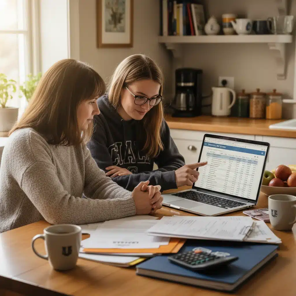 Parent and student reviewing financial aid documents together at home.