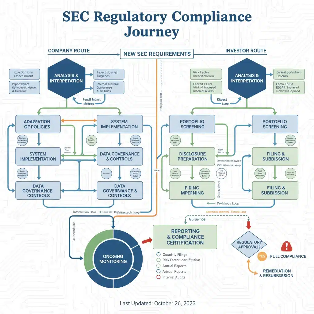 Complex flowchart illustrating regulatory compliance process, including analysis, adaptation, and reporting stages.
