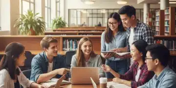 College students reviewing FAFSA information on a laptop in a university library.